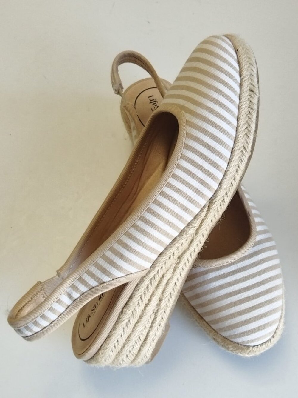 LifeStride Kayden Striped Espadrille Wedge Slingback Shoes Beige White W Size 9